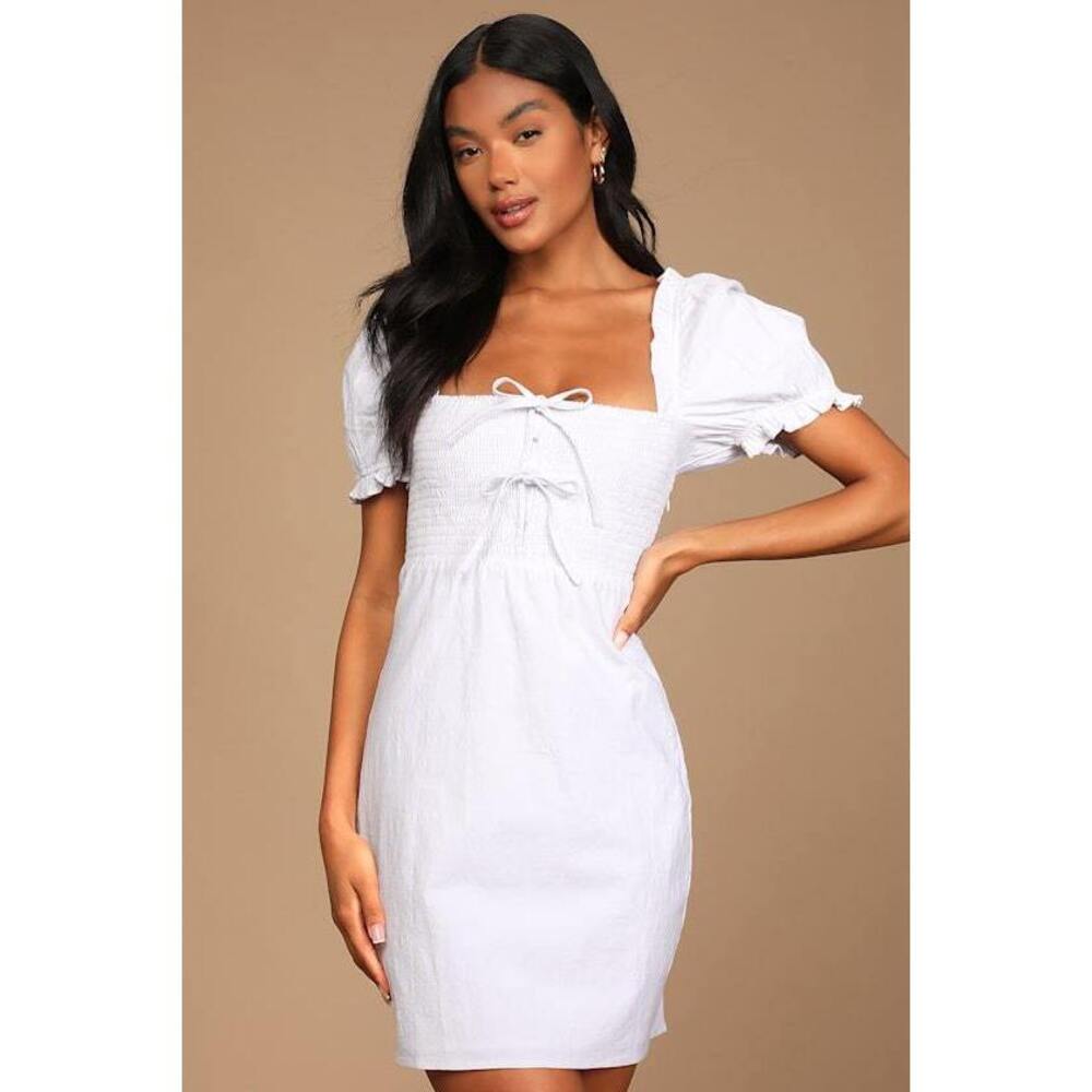 Lulus Spring Dream White Smocked Puff Sleeve Mini Dress - Size M